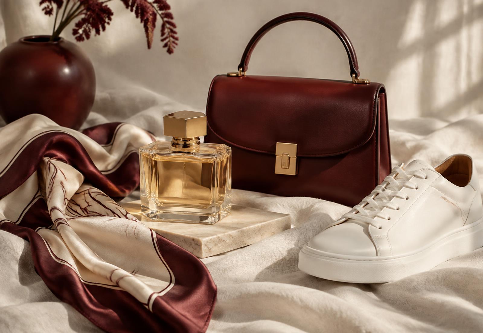 Parfum, geantă din piele, eșarfă și sneakers pe un fundal de in